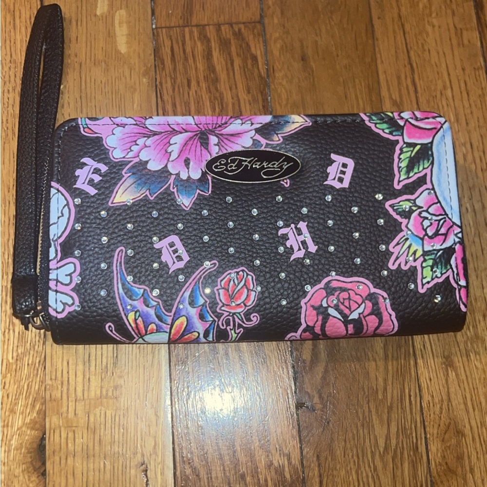 Ed Hardy Black Wristlet with Pink and Blue Floral Design